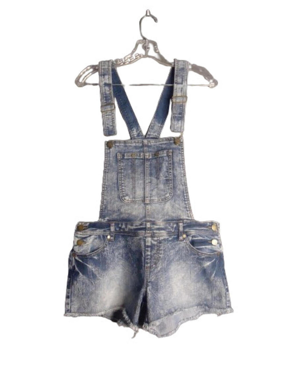 Fire Los Angeles Stone Wash Denim Bib Overall Shorts Womens Size Small Raw Hem